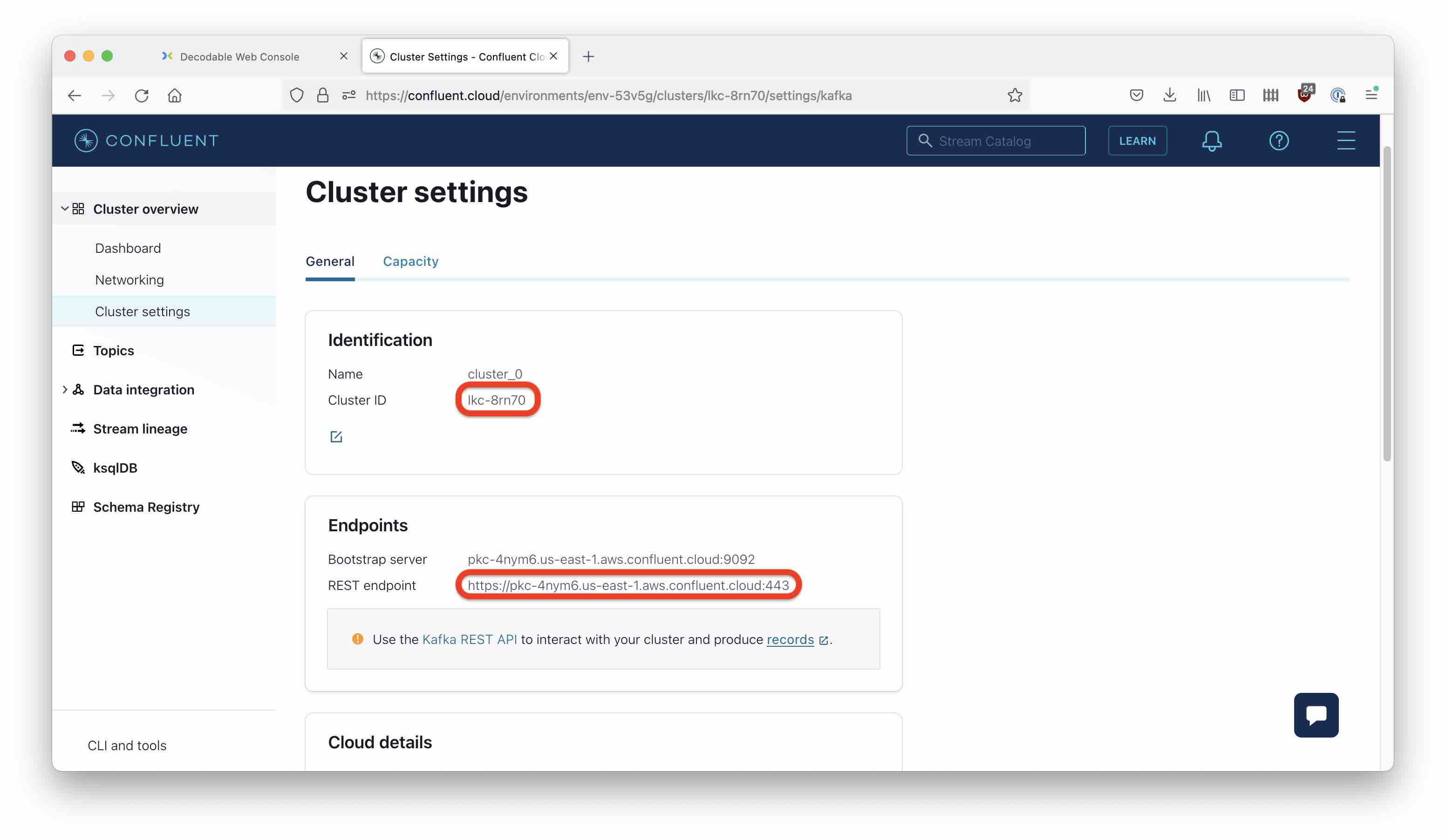 Screenshot of Confluent Cloud cluster settings