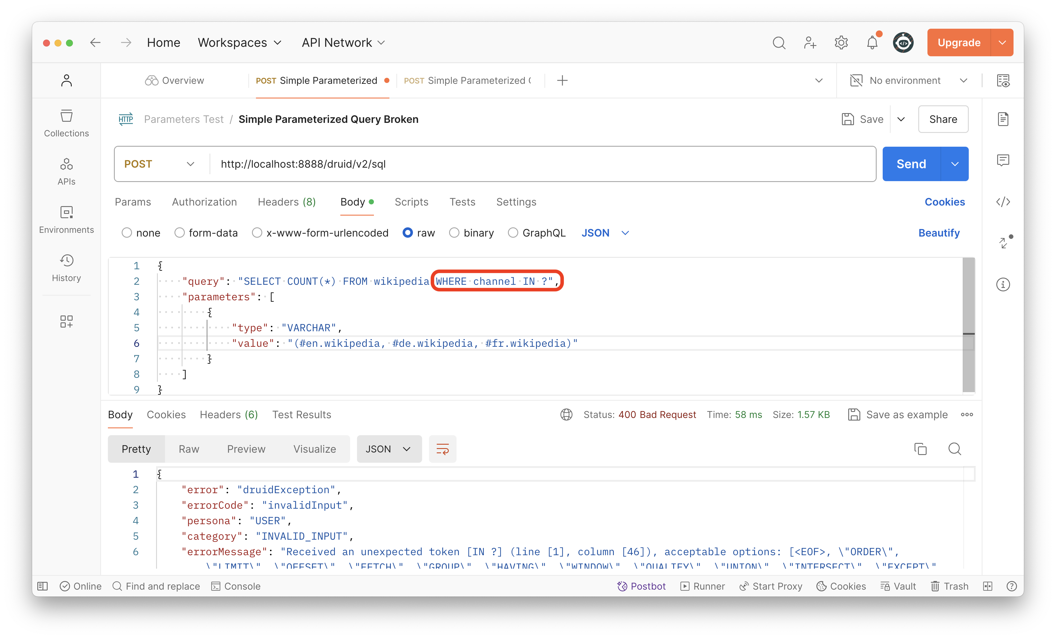 Failing Postman query